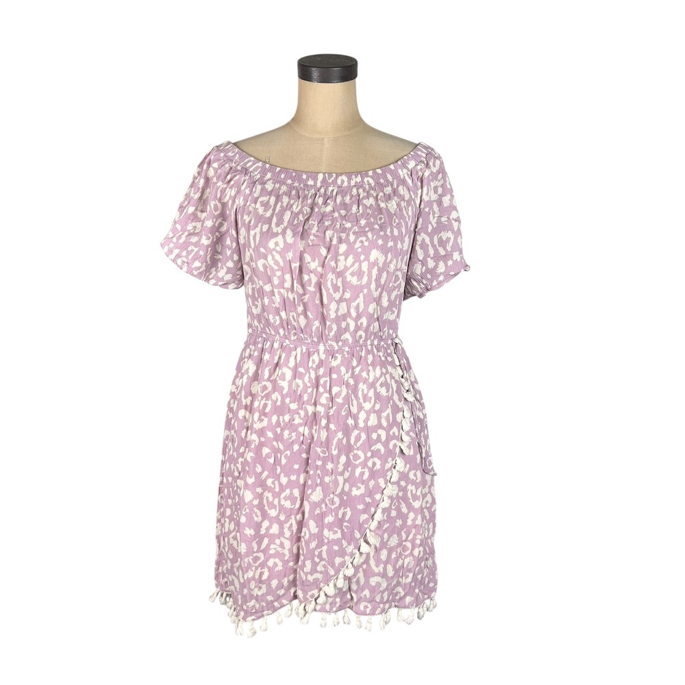Andree by Unit Purple Leopard Off Shoulder Tassel Mini Dress 7-877 Medium